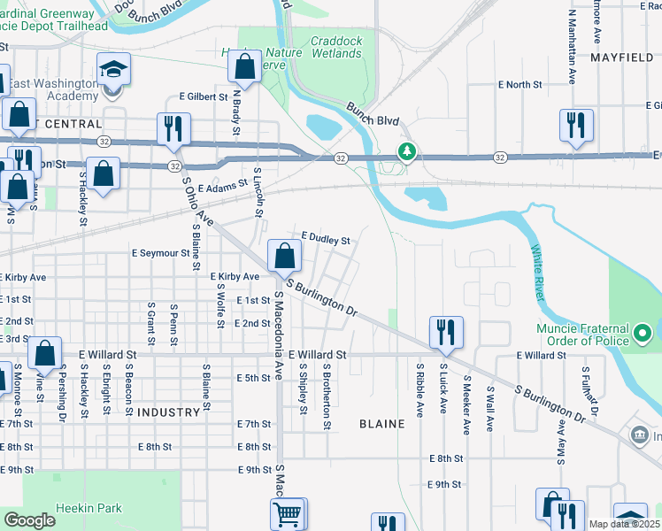map of restaurants, bars, coffee shops, grocery stores, and more near 1900 East Cedar Street in Muncie