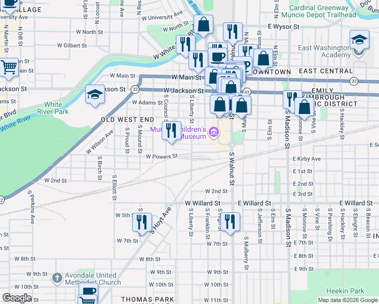 map of restaurants, bars, coffee shops, grocery stores, and more near 519 South Liberty Street in Muncie