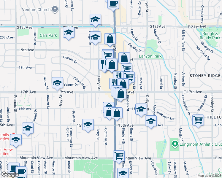 map of restaurants, bars, coffee shops, grocery stores, and more near 1707 Main St in Longmont