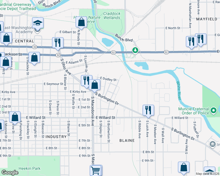 map of restaurants, bars, coffee shops, grocery stores, and more near 614 South Koontz Avenue in Muncie