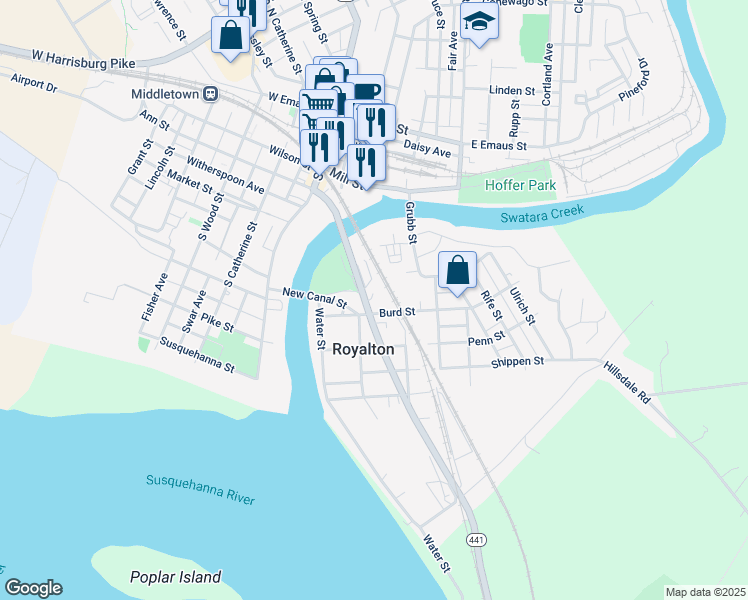 map of restaurants, bars, coffee shops, grocery stores, and more near 108 Canal Street in Middletown