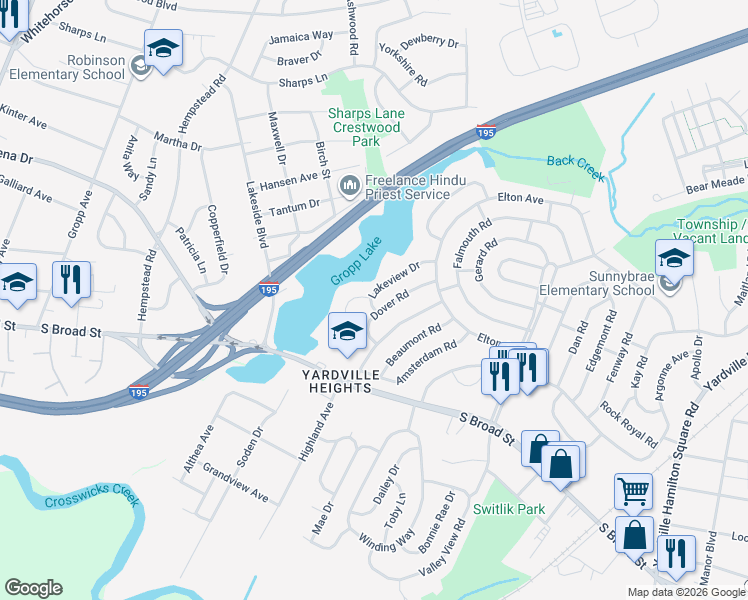 map of restaurants, bars, coffee shops, grocery stores, and more near 10 Lakeview Drive in Hamilton Township