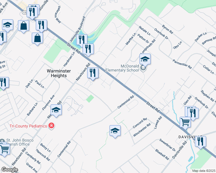 map of restaurants, bars, coffee shops, grocery stores, and more near 3207 Centennial Station Drive in Warminster