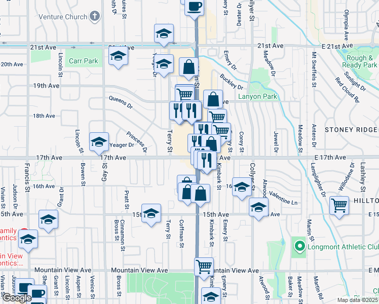 map of restaurants, bars, coffee shops, grocery stores, and more near 1707 Main Street in Longmont