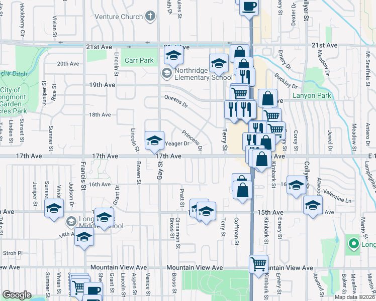 map of restaurants, bars, coffee shops, grocery stores, and more near 1026 17th Avenue in Longmont