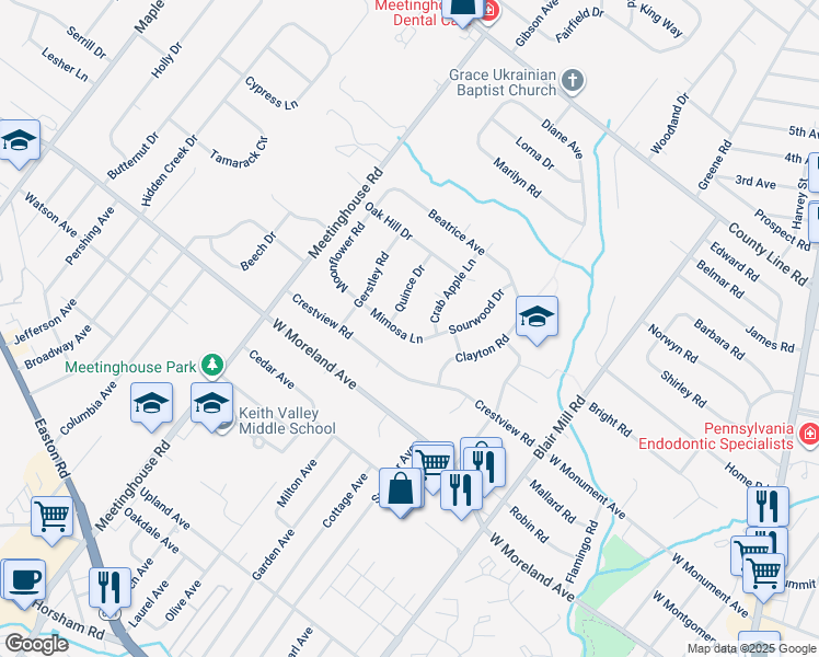 map of restaurants, bars, coffee shops, grocery stores, and more near 222 Mimosa Lane in Hatboro