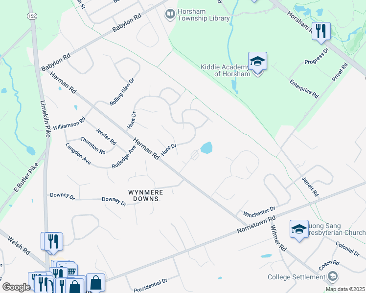map of restaurants, bars, coffee shops, grocery stores, and more near 13 Hunt Drive in Horsham