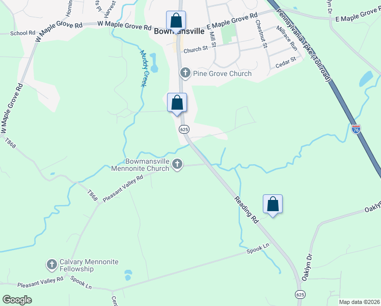 map of restaurants, bars, coffee shops, grocery stores, and more near 1145 Reading Road in Narvon