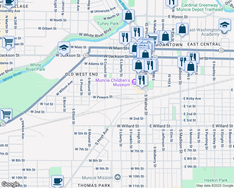 map of restaurants, bars, coffee shops, grocery stores, and more near 519 South Liberty Street in Muncie