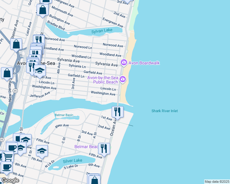 map of restaurants, bars, coffee shops, grocery stores, and more near 203 Ocean Avenue in Avon-by-the-Sea