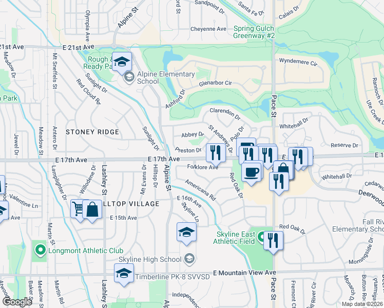 map of restaurants, bars, coffee shops, grocery stores, and more near 1758 Preston Drive in Longmont