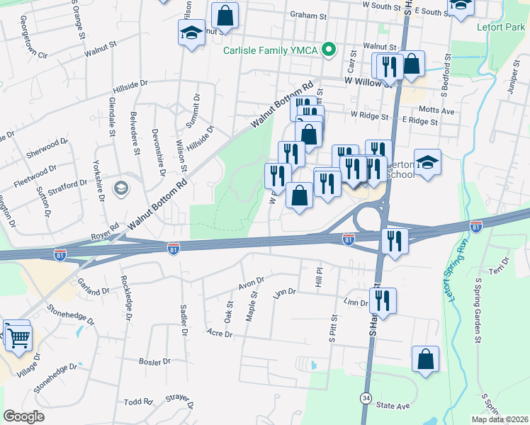map of restaurants, bars, coffee shops, grocery stores, and more near 260 Noble Boulevard in Carlisle