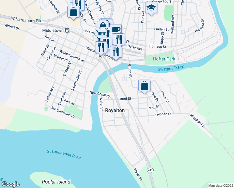 map of restaurants, bars, coffee shops, grocery stores, and more near 108 Canal Street in Middletown