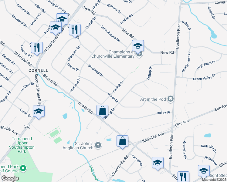 map of restaurants, bars, coffee shops, grocery stores, and more near 86 Fairhill Drive in Churchville