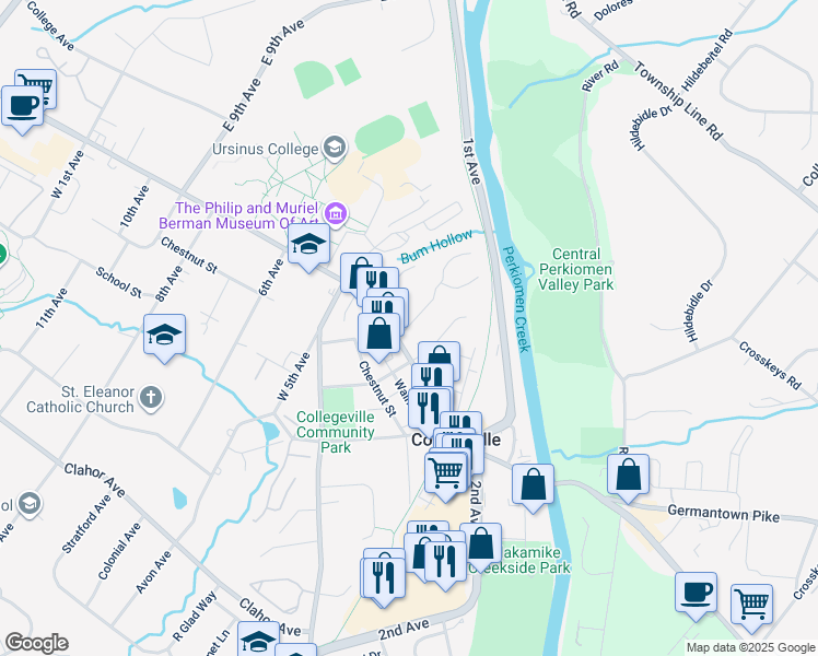 map of restaurants, bars, coffee shops, grocery stores, and more near 13 Glenwood Avenue in Collegeville