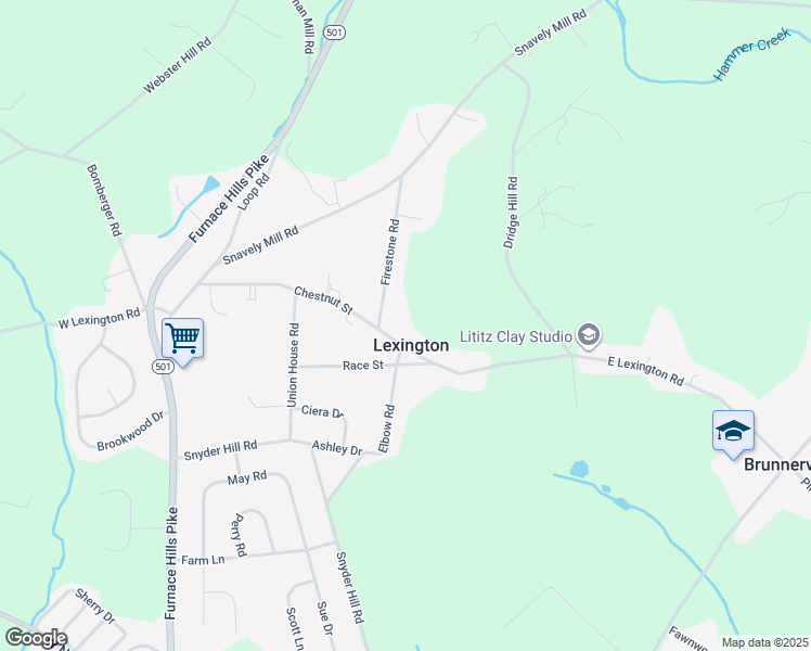 map of restaurants, bars, coffee shops, grocery stores, and more near 1309 Firestone Road in Lititz