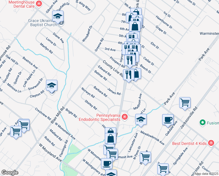map of restaurants, bars, coffee shops, grocery stores, and more near 16 James Road in Hatboro