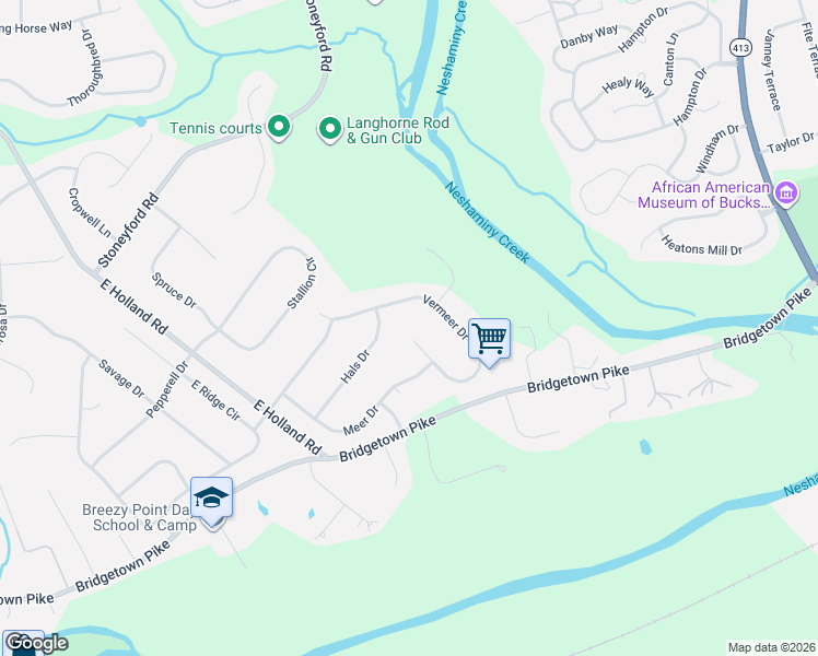 map of restaurants, bars, coffee shops, grocery stores, and more near 52 Vermeer Drive in Langhorne