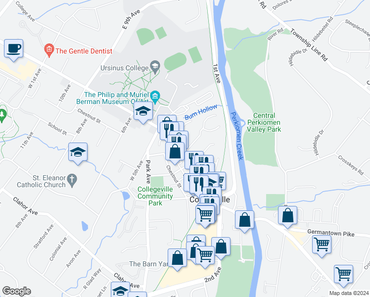 map of restaurants, bars, coffee shops, grocery stores, and more near 429 East Main Street in Collegeville