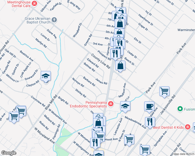 map of restaurants, bars, coffee shops, grocery stores, and more near 16 James Road in Hatboro