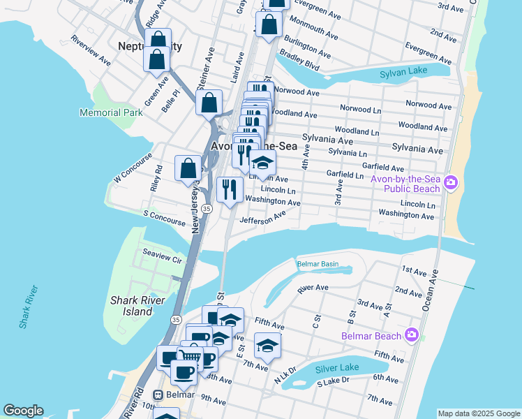map of restaurants, bars, coffee shops, grocery stores, and more near 438 Washington Avenue in Avon-by-the-Sea