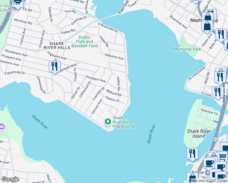 map of restaurants, bars, coffee shops, grocery stores, and more near 105 Prospect Avenue in Neptune City