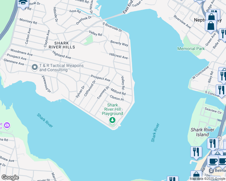 map of restaurants, bars, coffee shops, grocery stores, and more near 119 Milford Road in Neptune City