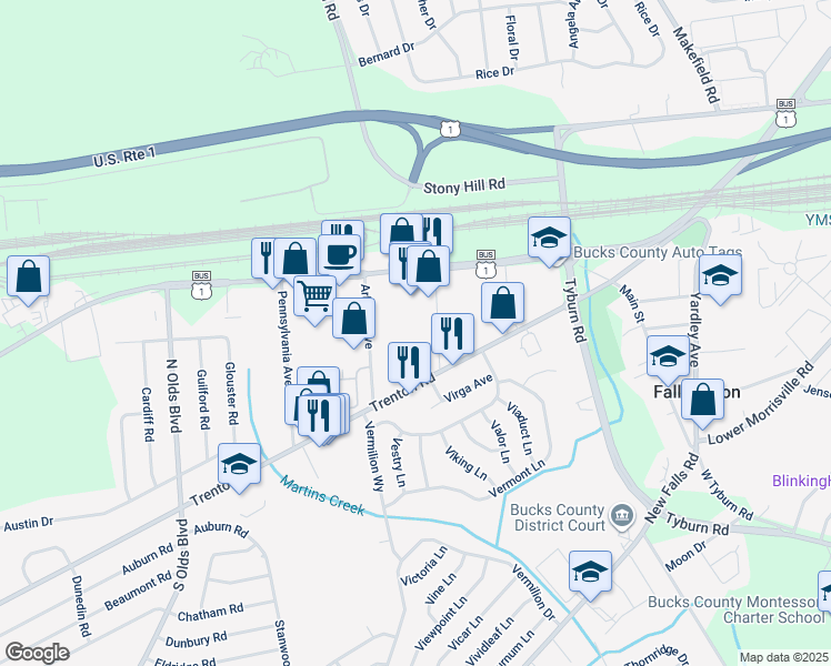 map of restaurants, bars, coffee shops, grocery stores, and more near 16 Oak Lane Avenue in Fairless Hills
