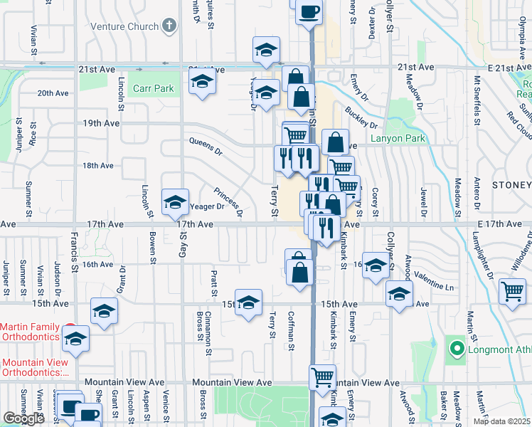 map of restaurants, bars, coffee shops, grocery stores, and more near 1739 Terry St in Longmont