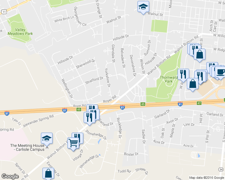 map of restaurants, bars, coffee shops, grocery stores, and more near 717 Yorkshire Drive in Carlisle