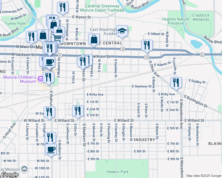 map of restaurants, bars, coffee shops, grocery stores, and more near 508-598 South Pershing Drive in Muncie