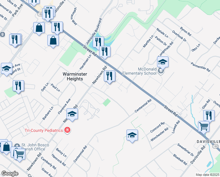 map of restaurants, bars, coffee shops, grocery stores, and more near 12101 Centennial Station Drive in Warminster