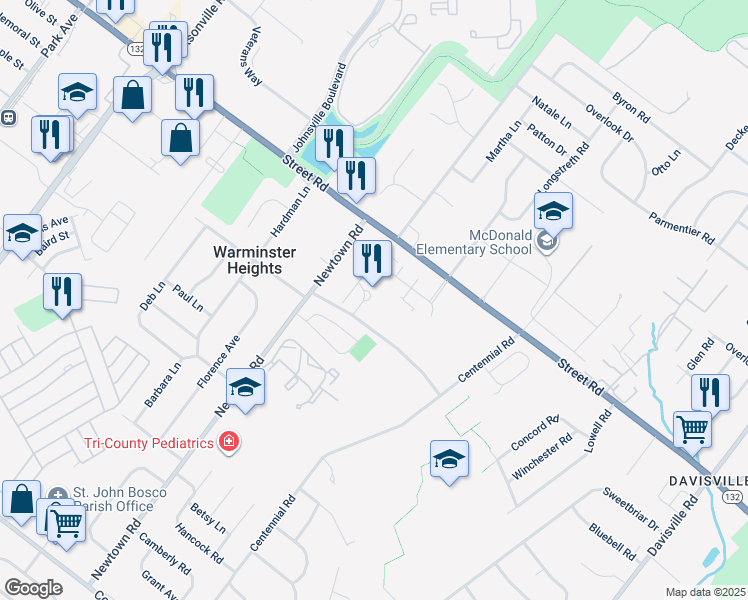 map of restaurants, bars, coffee shops, grocery stores, and more near 12101 Centennial Station Drive in Warminster