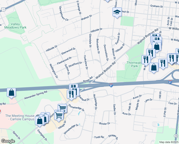 map of restaurants, bars, coffee shops, grocery stores, and more near 717 Yorkshire Drive in Carlisle