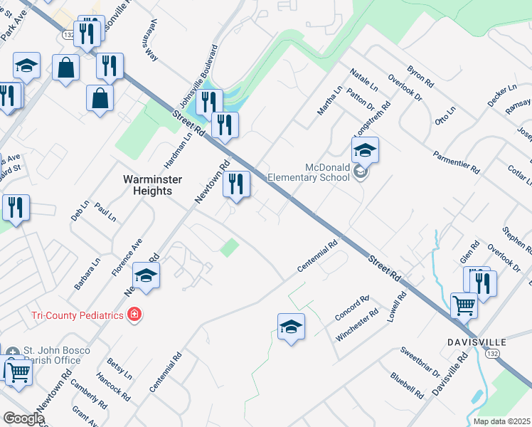 map of restaurants, bars, coffee shops, grocery stores, and more near 10210 Centennial Station in Warminster