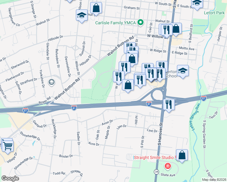 map of restaurants, bars, coffee shops, grocery stores, and more near 347 West Ridge Street in Carlisle