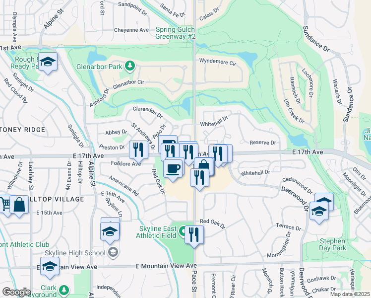 map of restaurants, bars, coffee shops, grocery stores, and more near 1703 Whitehall Drive in Longmont