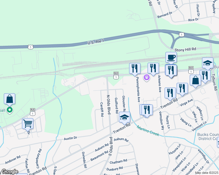 map of restaurants, bars, coffee shops, grocery stores, and more near 801 Edgemont Road in Fairless Hills