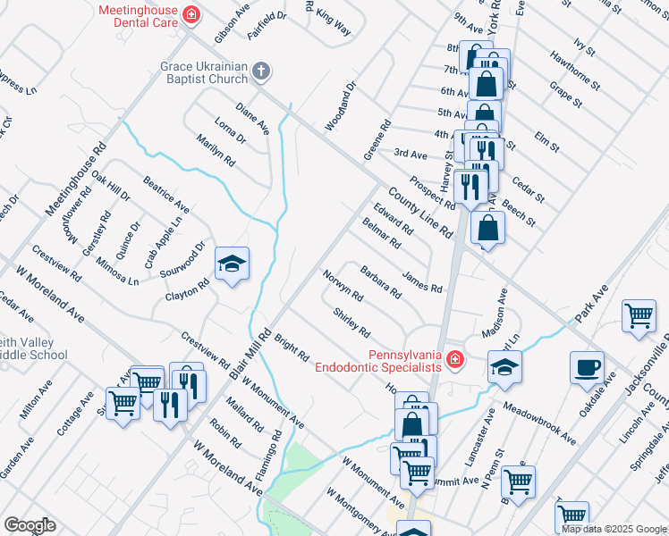 map of restaurants, bars, coffee shops, grocery stores, and more near 58 Barbara Road in Hatboro