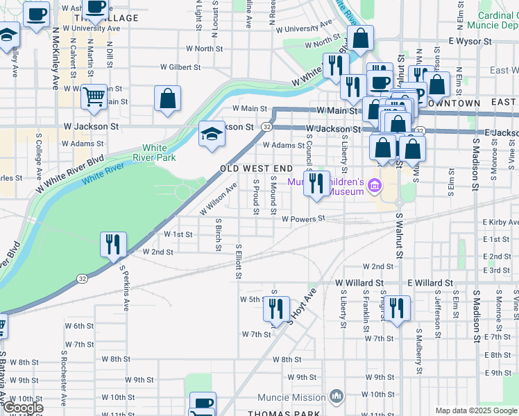 map of restaurants, bars, coffee shops, grocery stores, and more near 512 South Proud Street in Muncie
