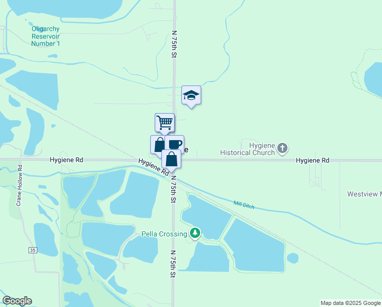 map of restaurants, bars, coffee shops, grocery stores, and more near 7557 Hygiene Road in Hygiene