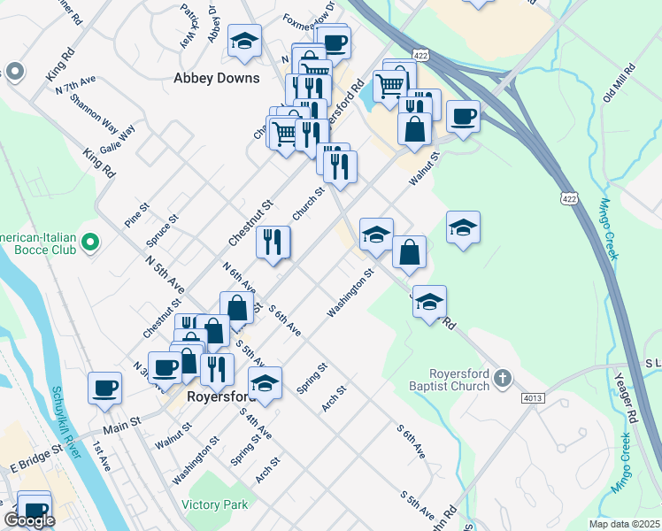 map of restaurants, bars, coffee shops, grocery stores, and more near 731 Walnut Street in Royersford