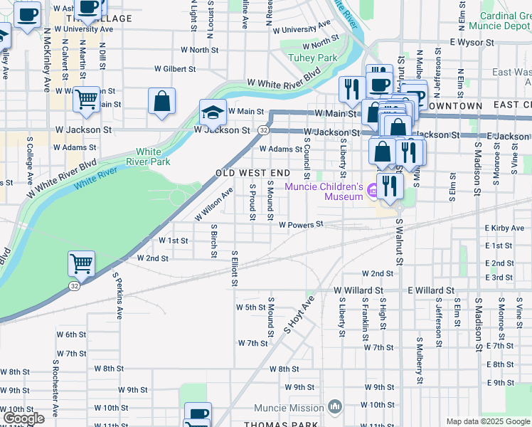 map of restaurants, bars, coffee shops, grocery stores, and more near 512 South Proud Street in Muncie