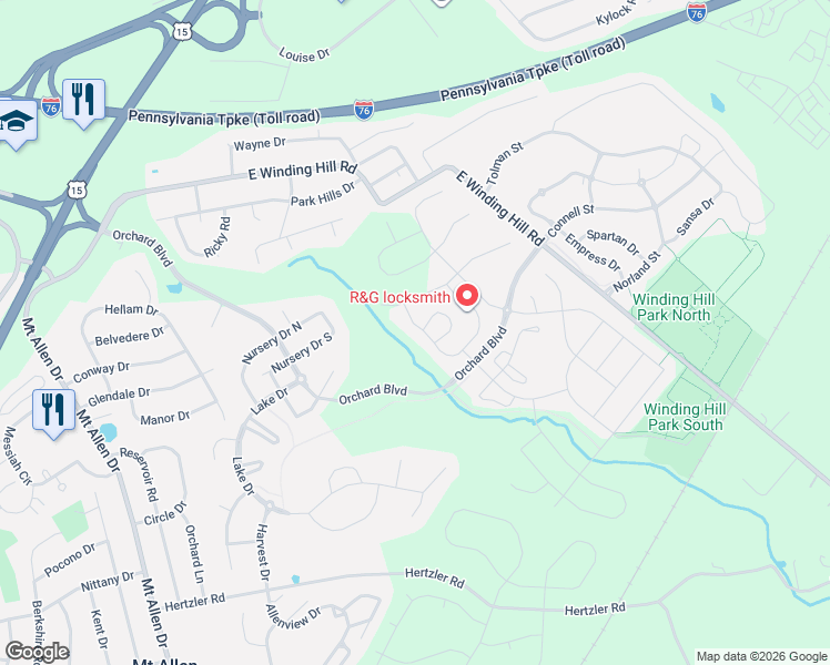 map of restaurants, bars, coffee shops, grocery stores, and more near 1734 Fairbank Lane in Mechanicsburg