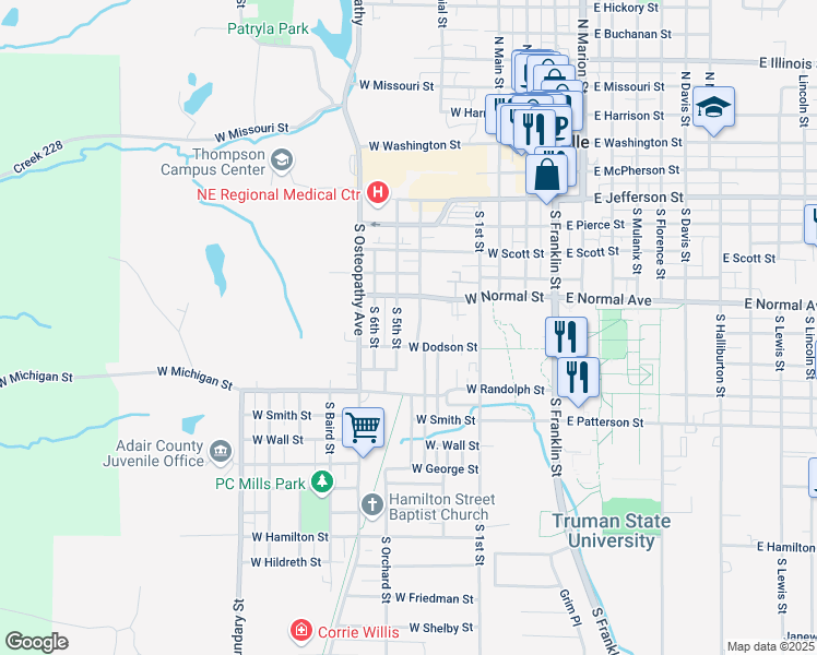map of restaurants, bars, coffee shops, grocery stores, and more near 719 South 5th Street in Kirksville