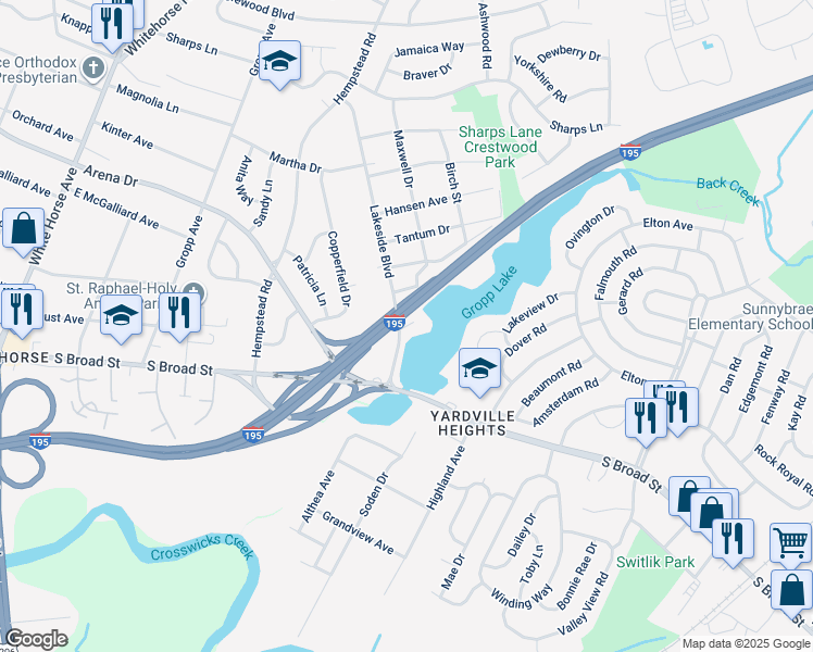 map of restaurants, bars, coffee shops, grocery stores, and more near Hickman Drive in Trenton