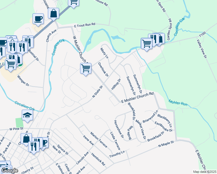 map of restaurants, bars, coffee shops, grocery stores, and more near 10 East Mohler Church Road in Ephrata