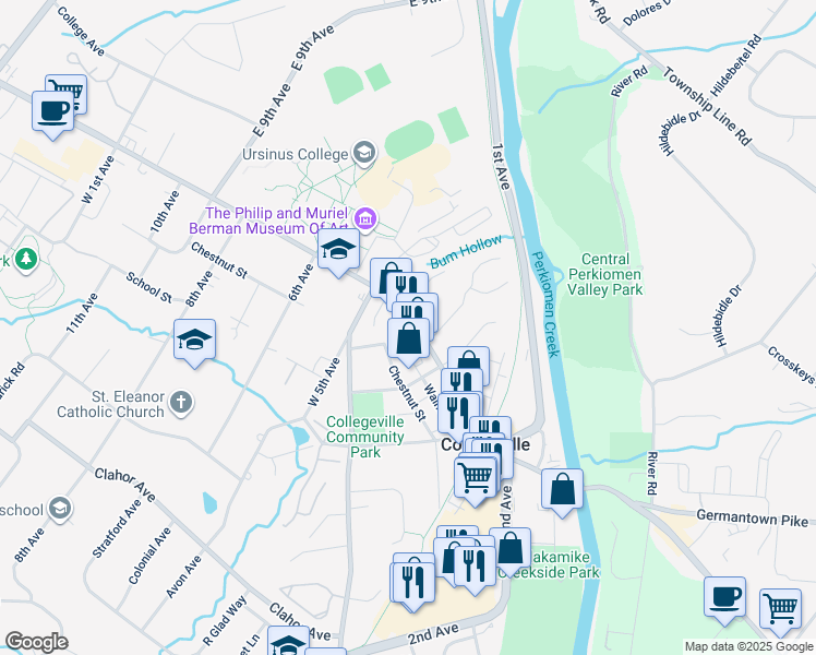 map of restaurants, bars, coffee shops, grocery stores, and more near 454 East Main Street in Collegeville