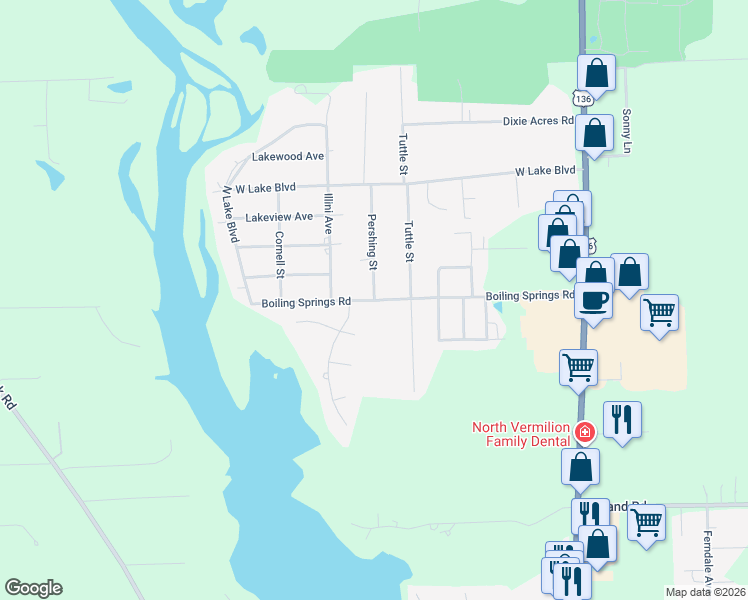 map of restaurants, bars, coffee shops, grocery stores, and more near 301 Boiling Springs Road in Danville
