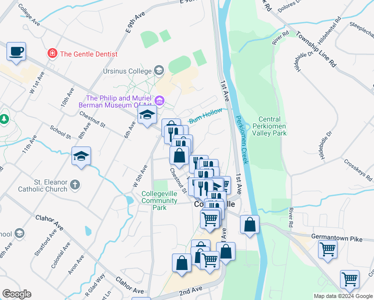 map of restaurants, bars, coffee shops, grocery stores, and more near 433 East Main Street in Collegeville